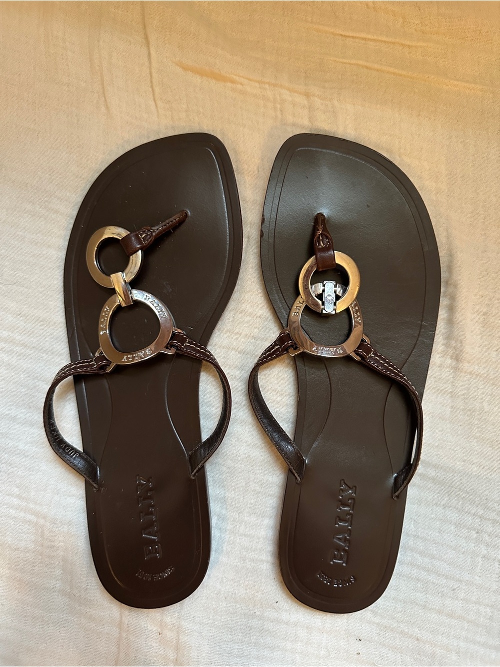 Bally Dark Brown Leather Thong Sandals with Silver Ring Detail